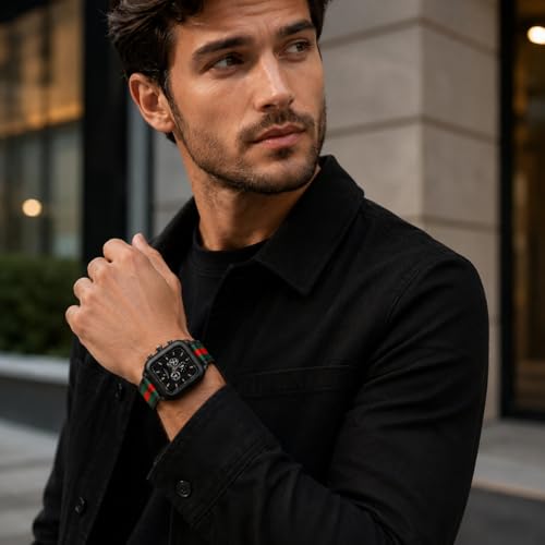 Image of AVOCET Men's Square Analog Watch, Black Dial with Chronograph Style Sub Dials, Green Red Striped Strap, Matte Black Case