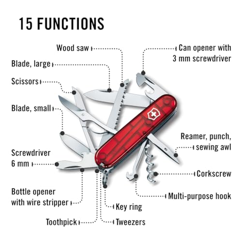 Image of Victorinox Huntsman Swiss Army, 15 Function Pocket Knife, Red Transparent | Swiss Made Multi-Tool with Wood Saw, Scissors & Screwdriver Compact Design for Camping, Hiking and Daily Carry