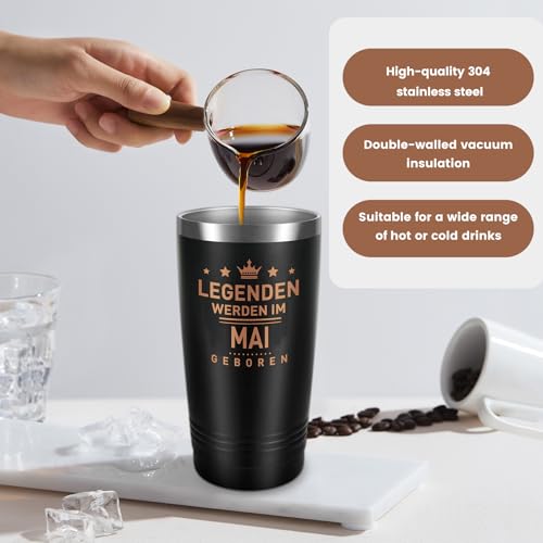 Miofula Geburtstagsgeschenk für Männer, 20oz Travel Mug Lustig Geschenke für Ihn, Freund, Ehemann, Papa, Sohn, 600ml Edelstahl Thermobecher, Kaffeebecher-Legenden Werden im Mai Geboren 4