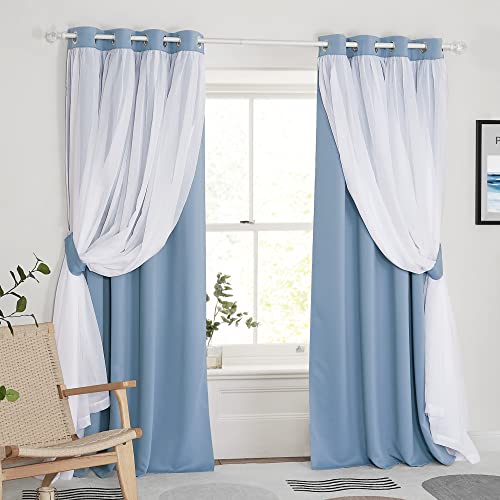 Image of PONY DANCE Curtains for Living Room, 52-inch Wide, Shadow Blue, Set of 2 | 84 inches Long Sheer Curtains with Blackout Panels Double Layered Blackout Home Decor