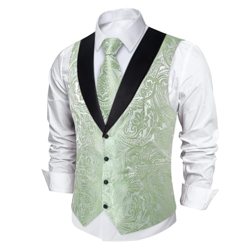 Image of DiBanGu Mens Paisley Suit Vest Silk Jacquard Waistcoat and Necktie Set Formal Shawl Collar Dress Vest 7PCS for Wedding Party