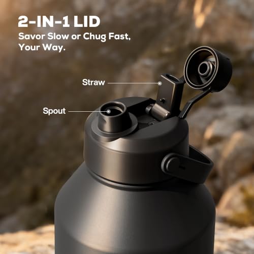 Image of POWCAN 64 oz Insulated Water Bottle for Men: Keep Cold 48H, Leakproof, 2-in-1 Straw & Spout Lid, Carrier Bag, Shoulder Strap, BPA-Free, Half Gallon Metal Water Jug for Camping, Hiking, Gym (King)