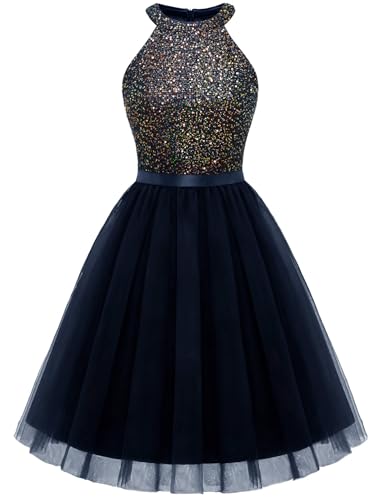 Image of Dressystar Women's Sequin Short Prom Dress Sparkly Halter Tulle Cocktail Party Homecoming Dresses