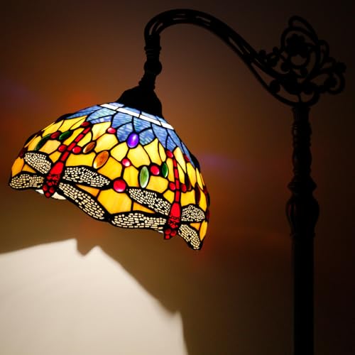 Image of 12 Inch Tiffany Lamp shade Replacement Only(Orange Blue Dragonfly) | Stained Glass Lampshade Only 1-5 /8-Inch Fitter Opening for Arched Floor Lamp, Torchiere Lamp, Pendant Light