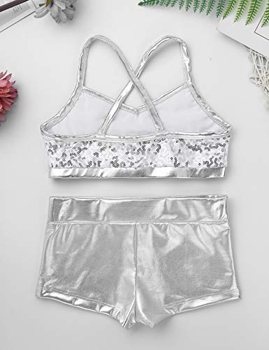 Hularka Kid Girl 2PCS Shiny Sequins Tankini Sport Dance Outfits Criss Cross Back Top Tanks with Bottoms Leotard Swimwear4