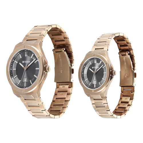 Image of Titan Modern Bandhan Pair Analog with Black Dial Carnation Gold Stainless Steel Strap Watch for Couples - 9401694216WM01