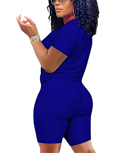 Women s Textured Two Piece Outfits Short Sleeve T Shirts Tops + High Waist Biker Shorts 2 Pc Workout Sets Tracksuits Sapphire Blue X-Large