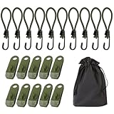 XSAJU テントクリップ ストレッチコード 収納袋 21点セット タープ固定 張綱 多用途対応 テント設営アクセサリ キャンプ アウトドア 防災に最適 (モスグリーン)