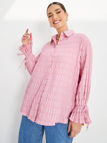 Image of Styli Women Oversized Long Length Textured Shirt | Stylish Casual Shirt for Women | Comfortable Tops | Perfect for Office, Travel & Daily Outfits