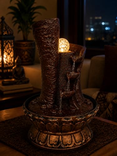Image of Indoor Water Fountain for Home Decor with Crystal Ball & Yellow LED Light | Cascading Tabletop Waterfall Fountain with Water Controller Pump | Brown & Copper Polyresin Decorative Fountain 16.5 x 10 In