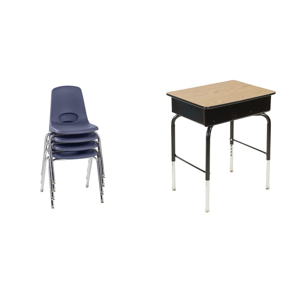 Factory Direct Partners10384-NV 18" School Stack Chair (4-Pack) and ECR4Kids 24in x 18in Adjustable Open Front Student Desk with Metal Book Box, Black and Oak