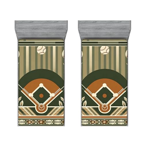 Ambesonne Baseball 2 Pack Fitted Sheet, Field Balls Leaves Print, Bed Cover All-Round Elastic Deep Pockets 2 Pieces, Package Contains 2 Twin XL Size Fitted Sheets, Olive Green Cinnamon