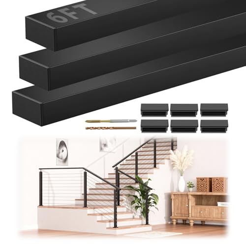 Image of 6FT Stainless Steel T304 Handrail Black, 3 Pack Rectangular Cable Railing Handrail Flat Deck Top Rail with Nylon End Caps for Indoor Outdoor Deck Stair Cable Railing System DIY Balustrade