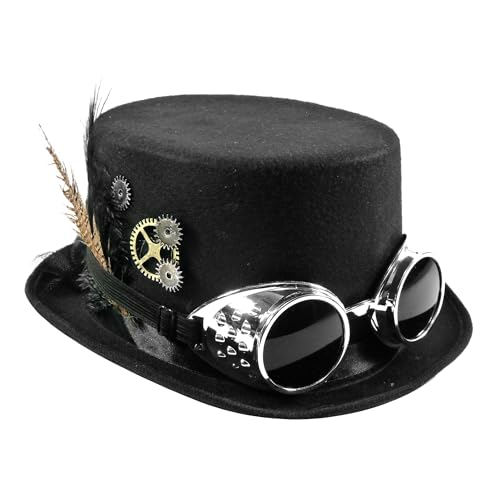Chapeau haut de forme Steampunk avec lunettes amovibles et plumes, finitions soignées