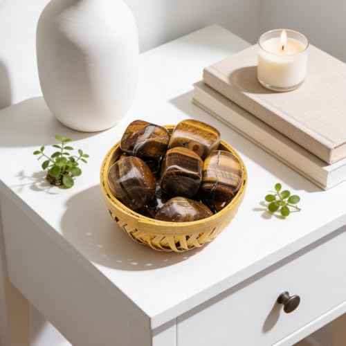 Image of Plus Value Tiger Eye Pebbles Tumbled Stone Strength & Courage | Vastu Feng Shui Aura Chakra Reiki Healing Crystals (200-grams, Cane Basket, 100% Natural & Original)