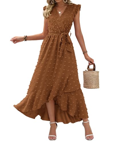 BTFBM Boho Dresses for Women 2026 Summer Fashion Cap Sleeve Swiss Dot Flowy Ruffle Beach Wedding Cocktail Maxi Dress(Brown, Medium)