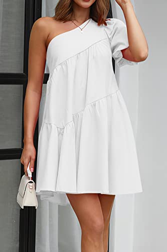 Image of KIRUNDO Summer One Shoulder Mini Baby Doll Dresses Women 2026 Casual Puff Sleeve Loose Tiered A Line Flowy Short Dress