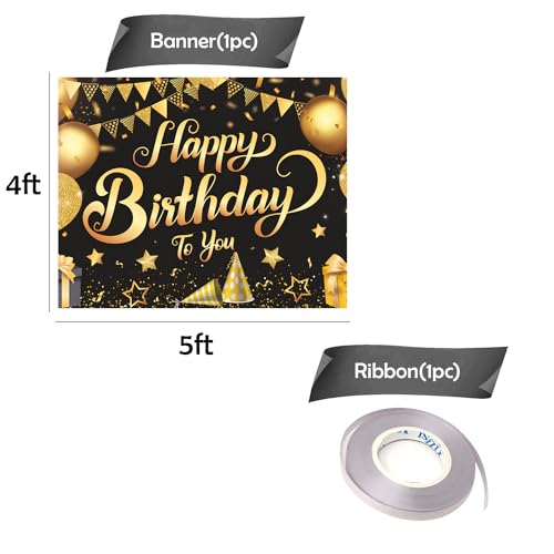 Image of Party Propz Birthday Backdrop for Decoration - Pack of 1, Size 5x4 Ft Happy Birthday Backdrop for Decoration, Black and Golden Bray Decorations Kit