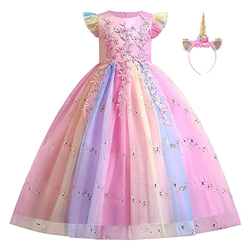 IZKIZF Girls Unicorn Costume Princess Long Maxi Tulle Dress w/Headband Princess Birthday Party Halloween Cosplay Outfits Rainbow Pink 6-7T