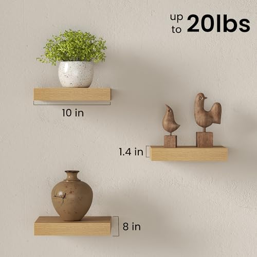 Image of Fun Memories Floating Shelves for Wall with Invisible Brackets, 10 Inch Wall Mounted Wood Shelves with Wood Grain for Living Room, Bedroom, Bathroom, Kitchen Decor and Storage, Oak - Set of 3