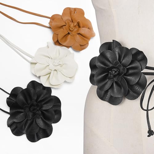 Women Girls Flower Waist Chain/Rope/Belt For Wedding Dress Female Waistband Skinny Belt Floral PU Leather Belt, Deep Red4