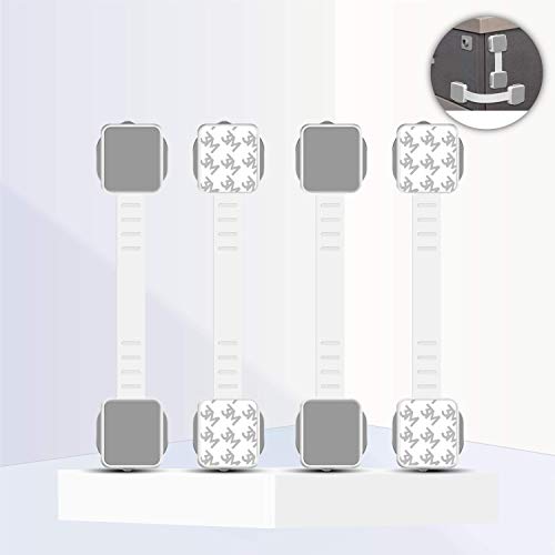 QT BABY Child Safety Strap Locks for Cabinets and Drawers (4 Pack), Adjustable Child Proof Lock for Refrigerator, Dresser, Toilets, and Dishwasher, White and Grey