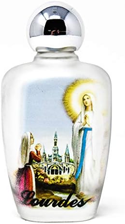 Lourdes Agua bendita bendita en una botella de vidrio y tarjeta de oración.