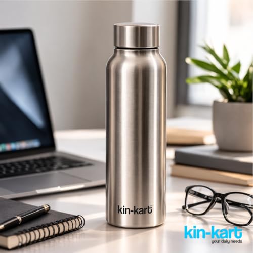 Image of Kin-Kart Water Bottles 1000 ml Stainless Steel Water Bottle 1 Litre | Eco friendly Steel BPA Free Leakproof Water Bottles for School, Office, Home, Gym (MOZER, SILVER)
