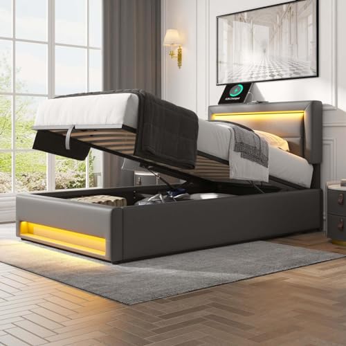 KOMHTOM Lit Rembourré avec Chargement sans Fil USB, Lit Coffre avec éclairage LED et Espace de Rangement, Sommier à Lattes, pour Adolescents, PU(sans Matelas) (Gris,...