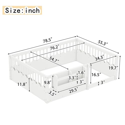 Image of Bellemave Full Size Kids Montessori Floor Bed,Solid Wood Floor Bed Frame with Bookshelf and High Fence for Kids,Girls,Boys,White