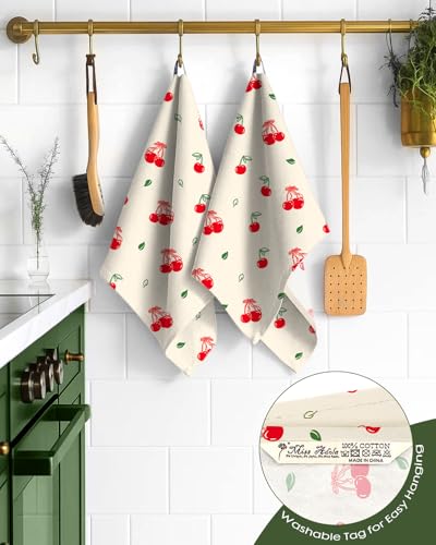 Image of Miss Adola Flour Sack Kitchen Towels Set of 2-18x26 Cotton Dish Towels with Hanging Loop Reusable Tea Towel for Cleaning Spring Absorbent Dishcloths Cute Home Decor Housewarming, Bow Cherry