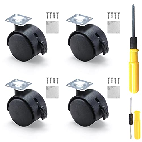 4個セット ブレーキ付きフラットキャスター 両面テープ付き ネジ付き 両用ドライバー付き 360度 ロータリーミュートシリーズ キャスター直径40mm 耐荷重量30kg キャスター取替え DIY 交換用ホイール (ブラック)