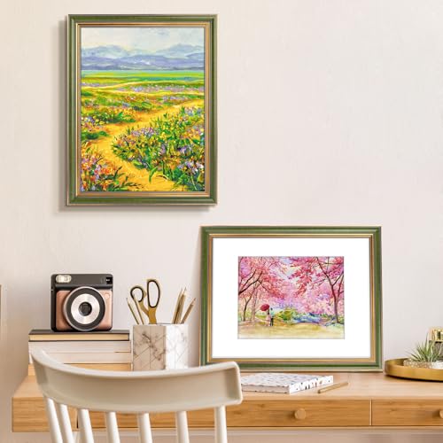 Image of Golden State Art,12x16 Ornate Picture Frame Holds 8.5x11 Photo,Green Gold | Includes real glass front,white mat,build-in hangers and buttons.Displays 8.5x11 photo on wall