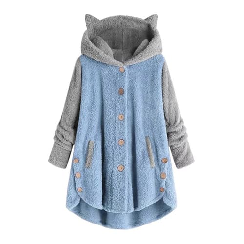 Women's Winter Coat Cat Ear Hoodie Long Sleeve Button Down Teen Girls Cute Pajama Jacket Winter Loungewear,Blue,M