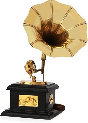 M.K Creations Antique Square Brass and Wooden Gramophone Showpiece, 17 cm, Gold, 1 Piece