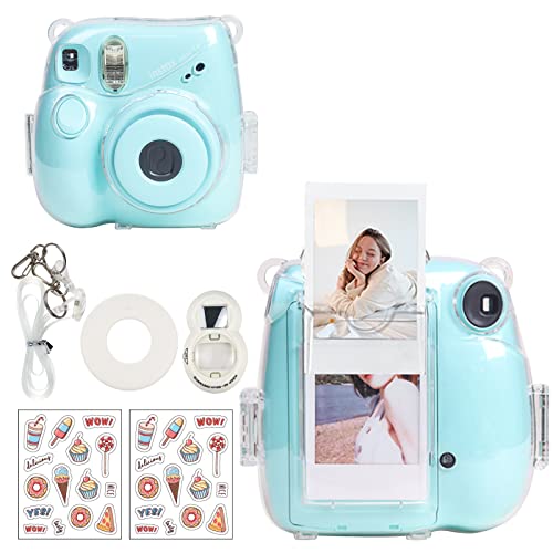 CAIYOULE Clear Case for Fujifilm Instax Mini 7+ Camera Protective Case with Back Photo Storage Pocket Selfie Mirror Stickers and Adjustable Shoulder StrapNo Camera