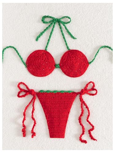 OYOANGLE Women's Crochet Knit Cover Ups Strawberry Halter String Bikini Set Tie Side Bathing Suits2