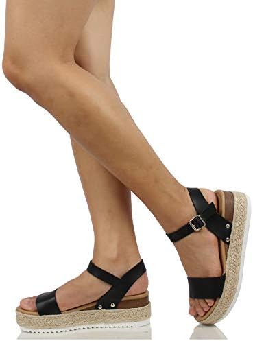 Soda Topic Open Toe Buckle Ankle Strap Espadrilles Flatform Wedge Casual Sandal (Black, 8)