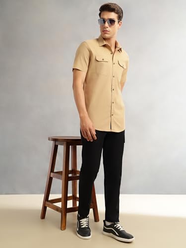 Image of Thomas Scott Men's | Solid | Half Sleeve | Slim Fit | Linen Blend | Double Flap Pocket | Spread Collar | Casual Shirt for Men