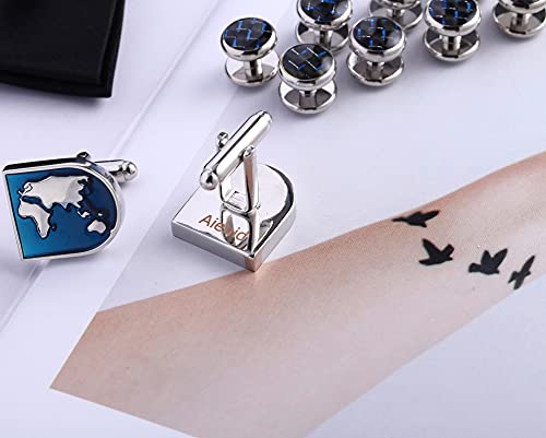 Aienid Jewelry Cufflinks Blue For Men Stainless Steel World Map Cufflinks And Studs Set Silver For Wedding #TOP6
