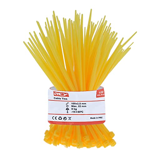REY 100x Paquete Bridas Cables de Malla Reforzada 2,5 x 100mm, Protección Rayos UV, Amarillo