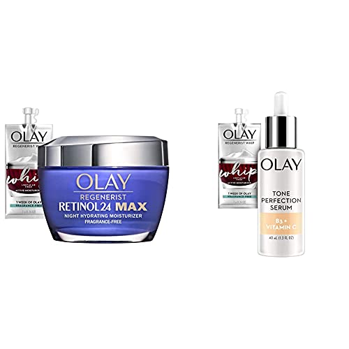 Olay Regenerist Retinol 24 Max Moisturizer, Retinol 24 Max Night Face Cream, Fragrance Free, 1.7 Oz + Whip Face Moisturizer Travel/Trial Size Gift Set + Olay Vitamin C Tone Perfection Serum, 1.3 Oz