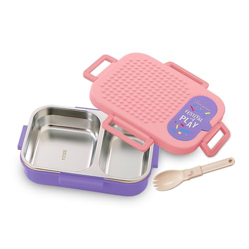 Image of Trueware BRIX Fun Food and Play 304 Stainless Steel PU Insulated Lunch Box with Two Compartment BPA Free, Food Grade Ideal for School, Picnic, Office & Outdoor - 540ml (Pink)