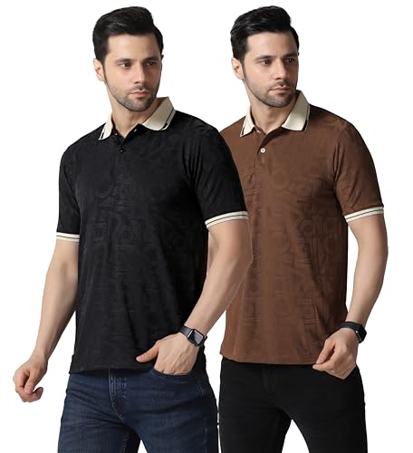 Image of TOPLOT Men's Premium Jacquard Polo T-Shirt | Geometric Textured Design | Contrast Collar & Cuffs | Soft Breathable | Perfect for Office & Casual Wear | Available in Pack of 2 (5281)