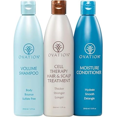 Ovation Hair 3-Step Bundle for Fine, Dry Hair - with Volume Shampoo, Cell Therapy Hair Growth & Healthy Scalp Treatment, Moisture Conditioner - Add Volume, Fullness, Hydration, Balance & Shine Cover