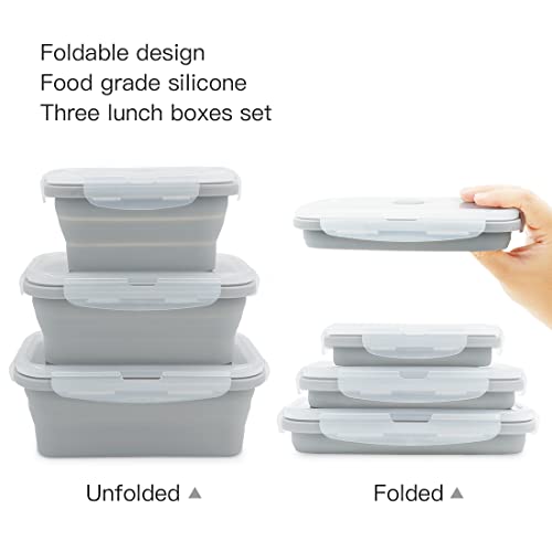 Duoyou Collapsible Silicone Lunch Bento Box, Portable Food Storage Container Outdoor Picnic Box Space Saving, Microwave, Dishwasher And Freezer Safe, 3 Pcs Set (Grey) #TOP2