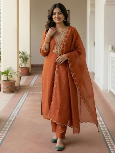 Image of INDO ERA Women's Silk Blend Embroidered Straight Kurta Pant with Dupatta Set