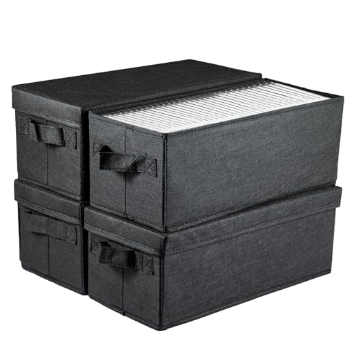 JF HOME BLISS CD Storage Boxes - Set of 4 CD Case Storage Foldable Boxes with Lids 14"x6.7"x5.5" Small Basket Holds 30 CDs in Full Jewel Cases 60 CDs in Slim Cases 165 Discs in CD Sleeves Black