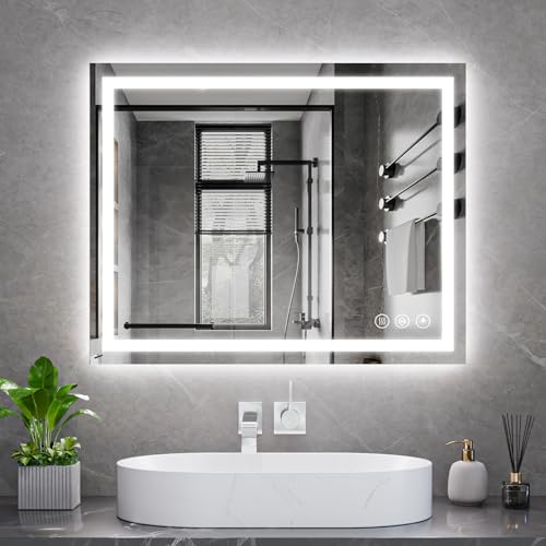 Image of Koonmi 32x40 LED Bathroom Mirror, Backlit + Front Lit, LED Bathroom Mirror with Lights for Wall, 3 Colors, Anti-Fog, Dimmable Brightness, Memory Function, Tempered Glass