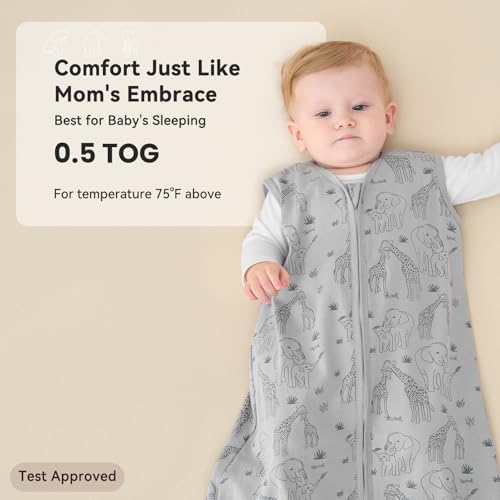 Image of Baby Sleep Sack 6-12 Months 0.5 Tog Wearable Blanket Baby, 3 Pack 100% Cotton Lightweight Sleeping Sack with 2-Way Zipper for Newborn Infant Apricot Gray Green Elephant